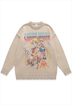 Sailor Moon sweater knitted distressed Anime jumper beige