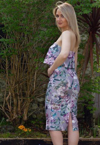 STRAPLESS BANDEAU V MAXI FLORAL SUMMER MIDI DRESS