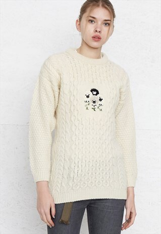 VINTAGE WHITE ROUND NECK KNIT JUMPER SWEATER