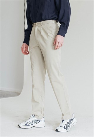 VINTAGE 90S HENDY COTTONS PLEATED CREAM CHINO TROUSERS MEN