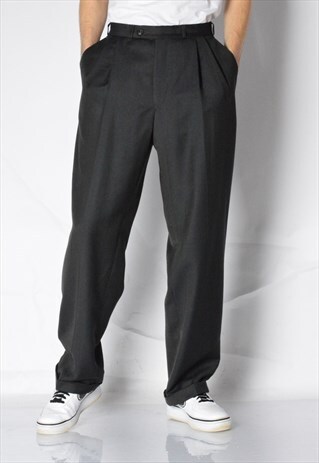 VINTAGE 90S DARK GREY NAVY BLUE STRIPED PLEATED PANTS