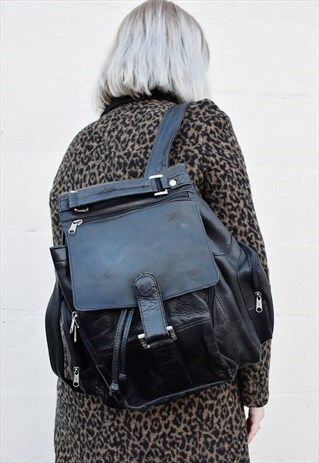 VINTAGE BLACK LARGE LEATHER RUCKSACK / BACKPACK