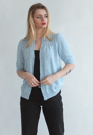 VINTAGE 60 PARIS CHIC SHORT SLEEVE CARDIGAN IN SKY BLUE