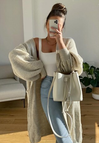 OVERSIZED BALLOON SLEEVE KNITTED CARDIGAN IN BEIGE