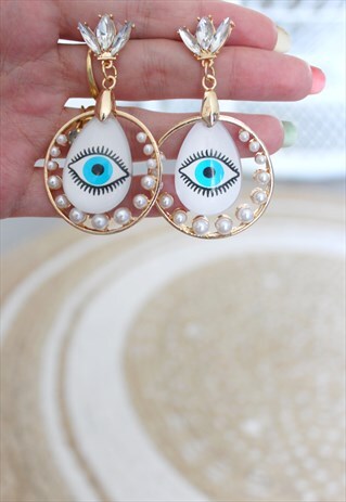 EARRINGS GOLDEN CREOLE WITH PEARLS AND EYES