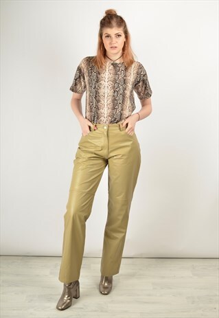 VINTAGE 90S FAUX LEATHER BOOTCUT TROUSERS IN BEIGE