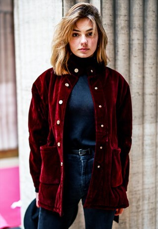 BELTED VELVET JACKET WITH FAUX FUR LINING - BURGUNDY
