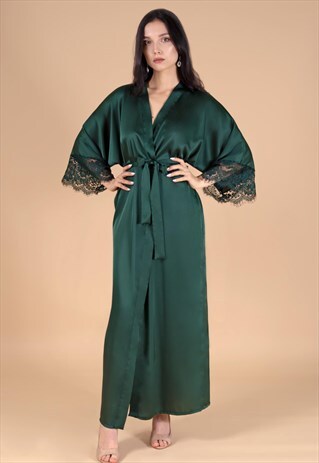 LONG GREEN SATIN DRESSING GOWN WITH LACE TRIM