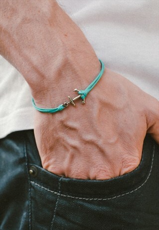 ANCHOR BRACELET FOR MEN, SILVER ANCHOR AND TURQUOISE CORD