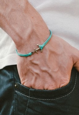 Anchor bracelet for men silver charm turquoise cord gift