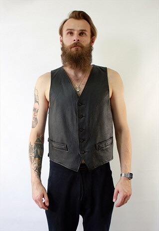 VINTAGE 90' CLASSIC BLACK REAL LEATHER WAISTCOAT.
