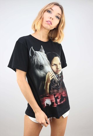 VINTAGE OVERSIZED BLACK ANIMAL HORSE PRINT GRAPHIC T-SHIRT