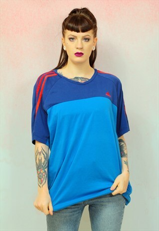 1990S VINTAGE BLUE AND RED BRANDED SPORTS T-SHIRT