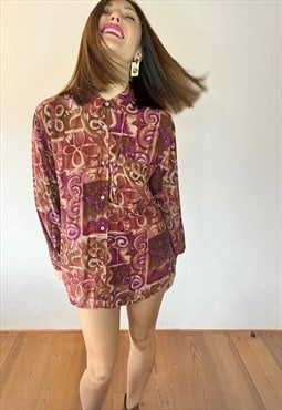 1970's vintage purple and tan abstract floral print blouse