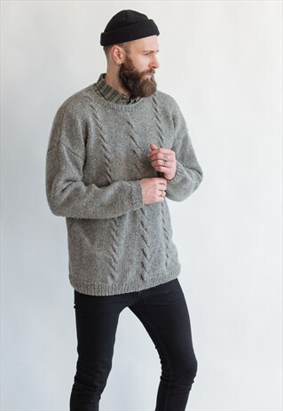 VINTAGE 80S GRANDADS GREY FINE KNIT JUMPER