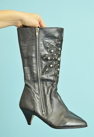 VINTAGE 80'S RETRO SHIMMER KITSCH LEATHER HEELED BOOTS
