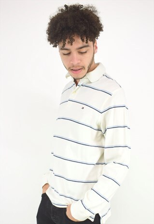 VINTAGE 90'S TOMMY HILFIGER WHITE & BLUE STRIPPED POLO SHIRT