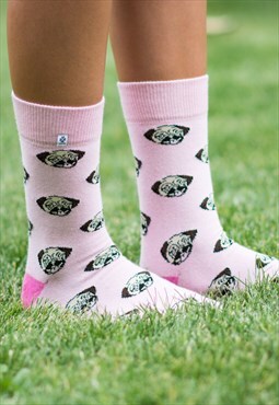 Funny women pink socks with cute dog Pug animal, funky socks