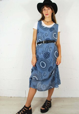 VINTAGE 90S ITALIAN MADE ETHNIC MIDI DRESS BLUE