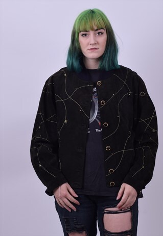 VINTAGE 80'S BLACK SUEDE GOLD PATTERN CROPPED JACKET MEDIUM