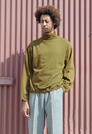 70S MINIMALIST ARMY SURPLUS MOCK NECK GREEN SWEATSHIRT LARGE