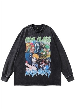 Anime t-shirt vintage wash top Naruto print long tee in grey