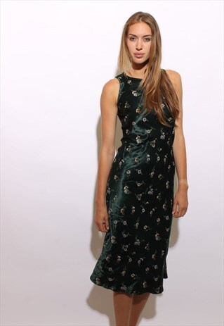 VINTAGE 1990'S 90'S DARK GREEN FLORAL PRINT SATIN DRESS XS-S