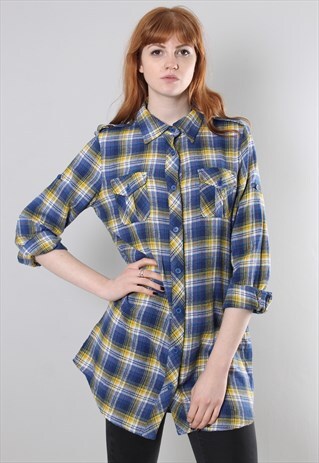 VINTAGE 90S YELLOW CHECK LONG FLANNEL SHIRT