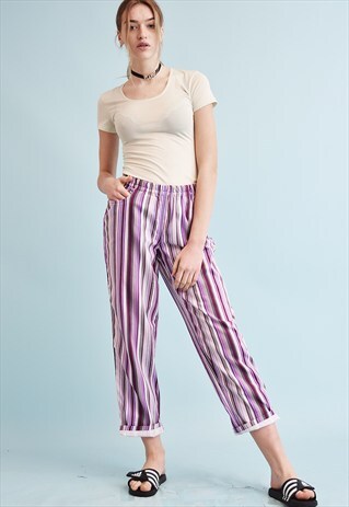 90'S RETRO STRIPED OVERSIZED DENIM-LIKE TAPERED TROUSERS