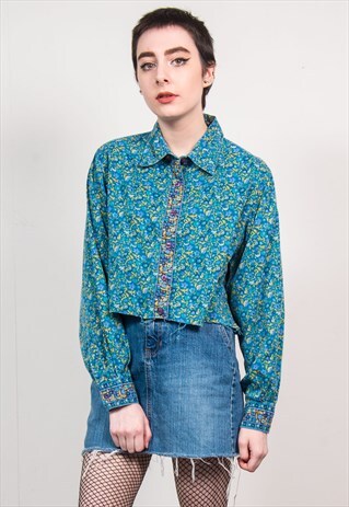 VINTAGE 90'S BLUE FLORAL PATTERN CORD CROPPED SHIRT