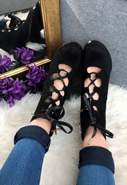 Black Faux Suede Tie Ankle Boots