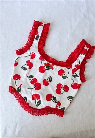 Cherry Print Corset With Red Lace