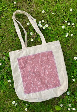 Cotton tote bag with pink floral fabric design 