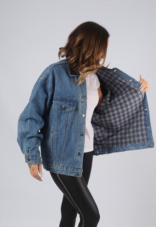 VINTAGE DENIM JACKET OVERSIZED CHECKED LINED UK 16 XL (O1R)