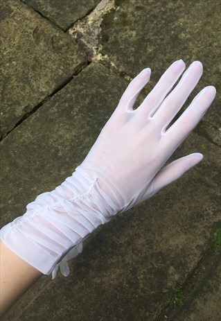 WOMENS VINTAGE PARTY WEDDING WHITE LONG RUCHED SHEER GLOVES
