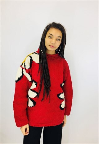 VINTAGE DAISY FLOWER CHUNKY WOOL KNITTED JUMPER