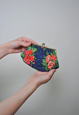 80's floral coin purse, vintage flowers print pouch CORDUROY