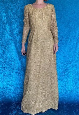 70s Gold Crochet Vintage Maxi Dress