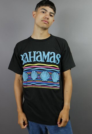 BLACK BAHAMAS TOURIST SOUVENIR T-SHIRT WITH RAINBOW SHELLS