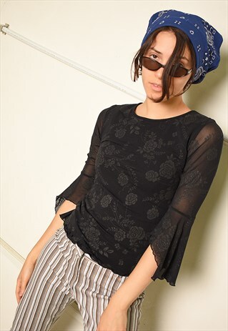 90'S RETRO FLORAL GRUNGE FLARE SLEEVE MESH FESTIVAL TOP