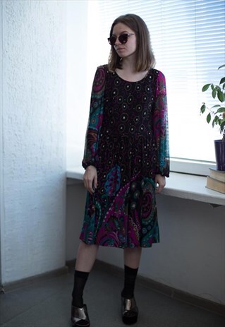 VINTAGE 90'S MIDI BLACK PATTERNED LONG SLEEVED DRESS