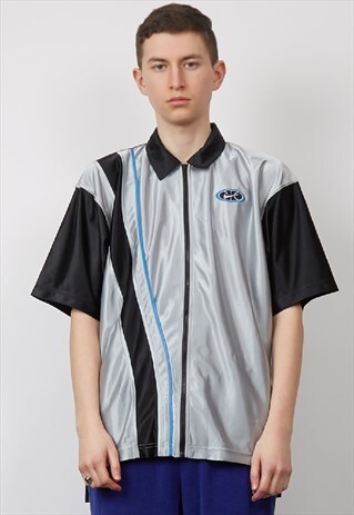 VINTAGE 90'S NIKE BLACK/ SILVER ZIP-UP POLO T-SHIRT