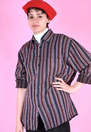VINTAGE 90S FLANNEL SHIRT DARK BROWN BLUE RED STRIPES POCKET