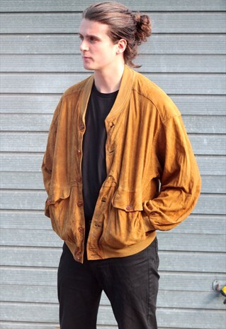 1980'S VINTAGE VIBRANT TAN OVERSIZED SUEDE BOMBER JACKET