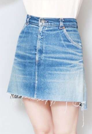 VINTAGE 1970'S LEVI'S BLUE DENIM MINI RAW HEM SKIRT