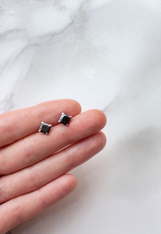 MEN'S STUD EARRINGS BLACK CRYSTAL SQUARE PAIR SILVER 6MM CZ