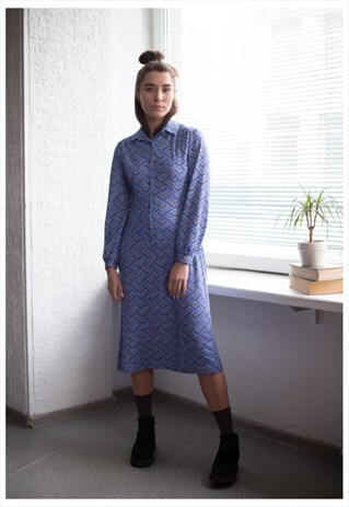 VINTAGE 60'S MIDI BLUE PATTERNED LONG SLEEVES DRESS