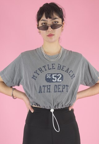 VINTAGE REWORKED CROP TOP T-SHIRT IN GREY WITH GRAPHIC PRINT