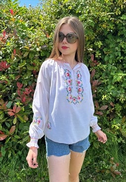 Vintage 70's White Long Sleeve Embroidery Folk Boho Blouse