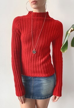 Vintage Y2K 00's Red Slim Fit Mock Neck Sweater Knit Jumper
